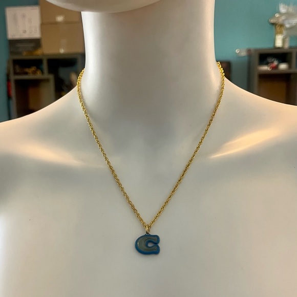 Coach Blue & Gray Lucite “C” Pendant 18k/.925 Sterling Silver Necklace - Picture 3 of 6